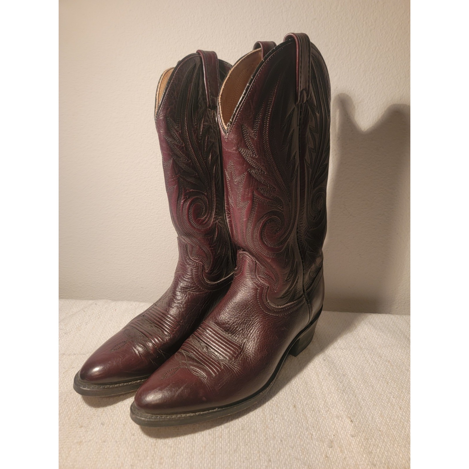 Dan Post Usa Red Brown Burgundy Oxblood Leather Cowboy Boots Size 9d Vtg 1995